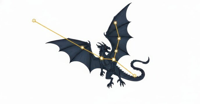 Depiction of constellation Draco against white background, constellation Draco is a symbol of power and mystery. Constellation Draco is an invitation to explore secrets of the night sky.