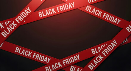 Abstract dark background with red black friday text ribbons creating a border for copy space