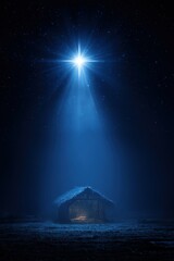 Fototapeta premium Symbolic Manger Scene Lit by Bright Star in Deep Blue Night