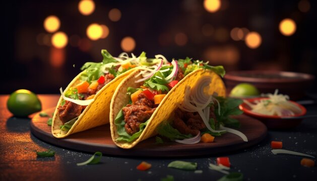 Authentic mexican tacos. Street Style Tacos. Delicious tasty mexican street food on a grill.Mexican tacos with beef, vegetables and spices. Mexican tacos shells with beef meat, onion and sweet pepper.