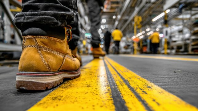 Factory Worker Walking Along Yellow Safety Line in Manufacturing Environment - Powered by Adobe