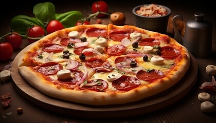 Baked pizza with salami, prosciutto red sauce, cheese