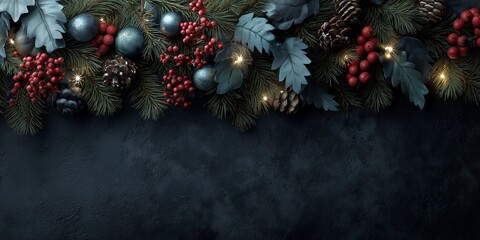 festive christmas composition, garland colors replaced with icy blue ornaments and silver berries