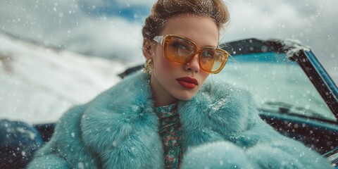 fashion portrait of a woman in a snowy mountain landscape, sitting in a vintage convertible, wearing a soft teal faux-fur coat and amber-tinted oversized sunglasses, warm golden lipstick