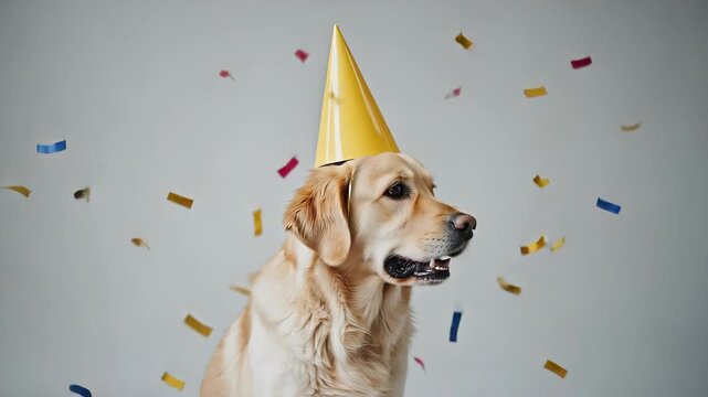 Golden Retriever Dog Wearing a Party Hat with Confetti Falling, Celebrating a Birthday or Special Occasion on a Neutral Background