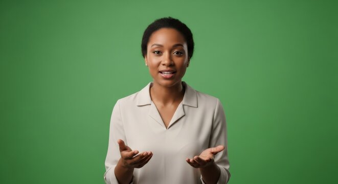 African american woman talking and gesturing on green screen. Female speaker presenter with hand gesture on chroma key. Mock up. - Powered by Adobe
