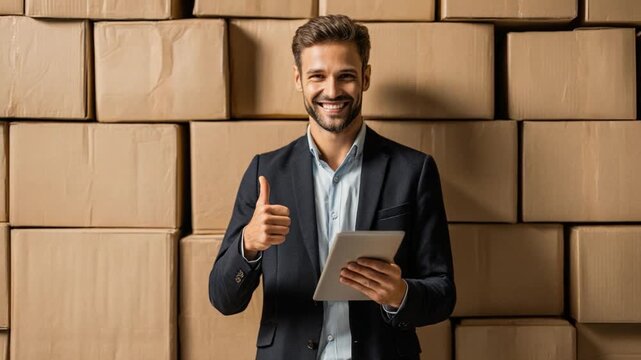 Inventory Manager's Approval: A confident individual, holding a digital tablet and giving a thumbs-up against a backdrop of organized cardboard boxes. This image captures the essence of logistics.