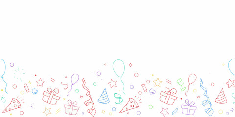 Colorful doodle birthday party border with balloons gifts and confetti