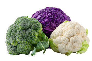 Three fresh heads of cruciferous vegetables broccoli, red cabbage, and cauliflower