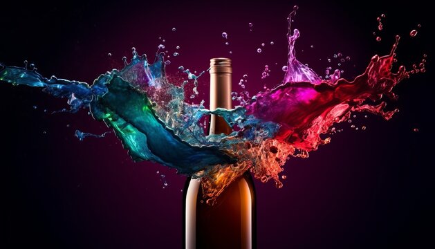 Bottle of wine ink explode as opening excitement celebration winery concept. Beautiful Color coded splash liquid booze shot. Design for advertising drink and alcohol background display