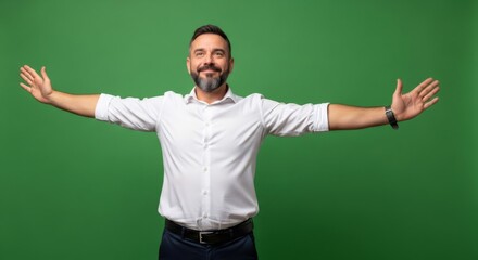Happy man with open arms showing gesture of welcome or freedom. Adult caucasian male on green screen background. Effect for chromakey.