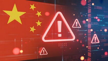 Cybersecurity alert concept with digital warning signs and Chinese flag overlay on red background symbolizing internet system threat or data attack risk. privacy