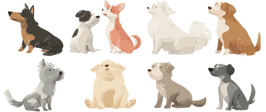 Set of cute cartoon dogs of different breeds sitting together.