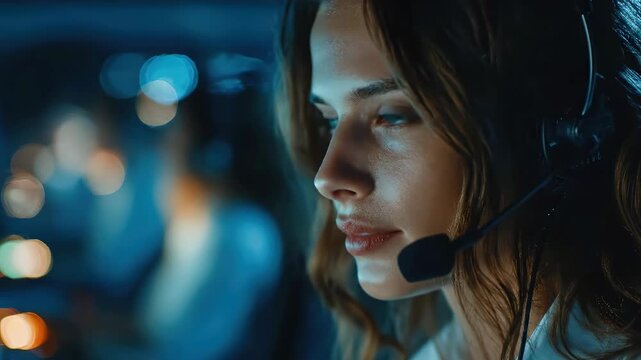 Close-up of a focused female call center agent wearing a headset in a modern office at night, providing customer support