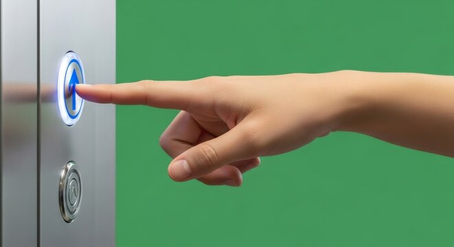 Woman hand presses glowing elevator button with an up arrow on a green screen. Effect for chromakey isolation.