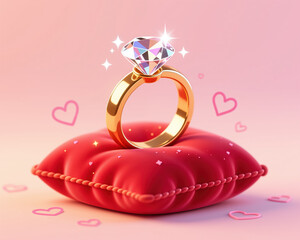 A Valentines Day illustration featuring a luxurious gold ring with a sparkling diamond on a red velvet pillow, surrounded by hearts and sparkles, in a digital art style.