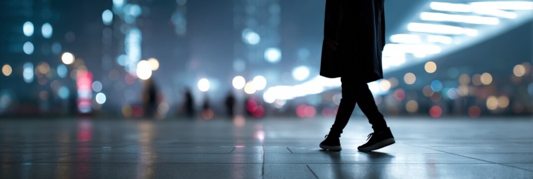Silhouette of person walking at night in cityscape with blurred urban lights - Powered by Adobe