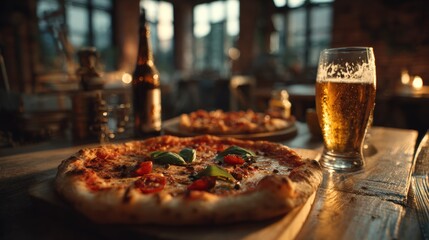 Pizza Margherita and Beer on Wooden Table in Cozy Italian Restaurant Setting