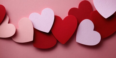 Colorful paper hearts on pink background