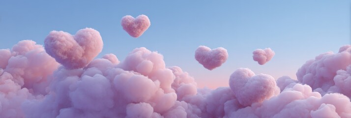 Heart-shaped pink clouds in a serene blue sky at sunset