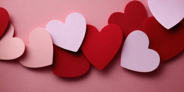 Colorful paper hearts on pink background