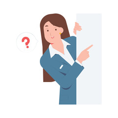 Curious businesswoman peeking and pointing with question mark, inquiry, FAQ, asking question concept illustration