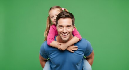 Man giving piggyback ride to cute girl on green screen. Happy father and daughter playing together. Chroma key effect.
