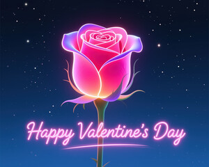 Vibrant digital illustration of a glowing rose with neon Happy Valentines Day text, symbolizing love on Valentines Day.