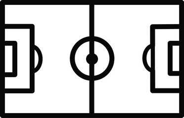 A simple black and white icon of a soccer field, showcasing the layout with goal areas and center circle