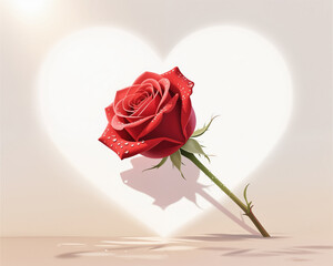 A digital illustration of a red rose on a heart-shaped background, symbolizing love, perfect for a Valentines Day card or gift, with soft, warm colors.