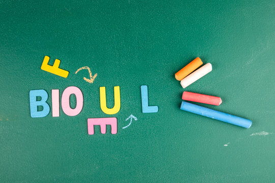 Colorful Wooden Letters Spelling Biofuel on Classroom Chalkboard