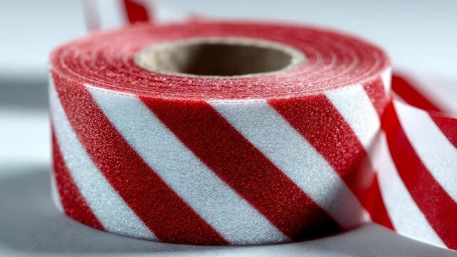 Roll of Red and White Striped Anti-Slip Safety Tape for Hazard Warning, Floor Marking and Accident Prevention on a White Background