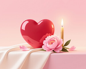 Digital illustration of a red heart, candle, and flower on a table, a Valentines Day scene with soft pink hues and delicate details.