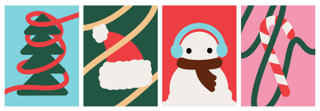 Abstract Wavy Holiday Cards with Christmas Tree, Santa Hat, Snowman, Garland and Candy cane Background Poster Vector Template