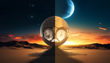 Day to night time change concept, Sand watch 24 Hours desert landscape. Moon to sun cycle. circle of life.