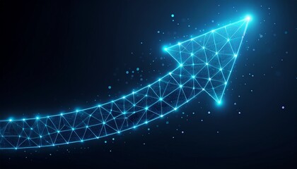 futuristic glowing upward arrow made of connected dots on dark background