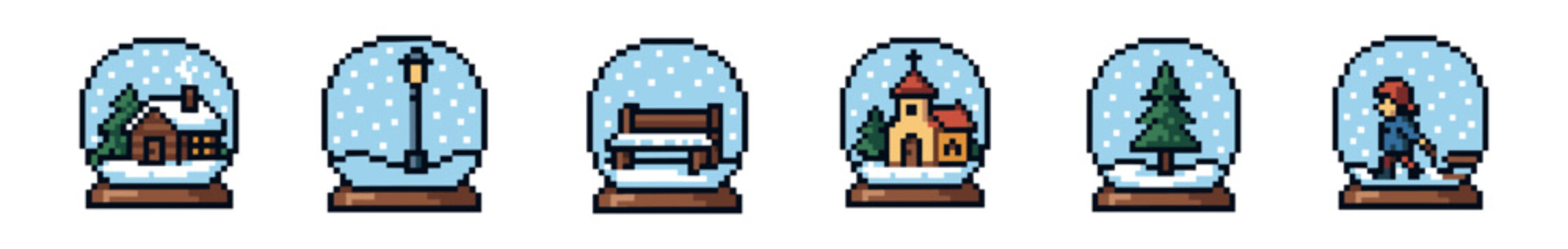 Charming collection of pixelated snow globe icons with various winter holiday scenes inside, rendered in a nostalgic 8-bit video game art style