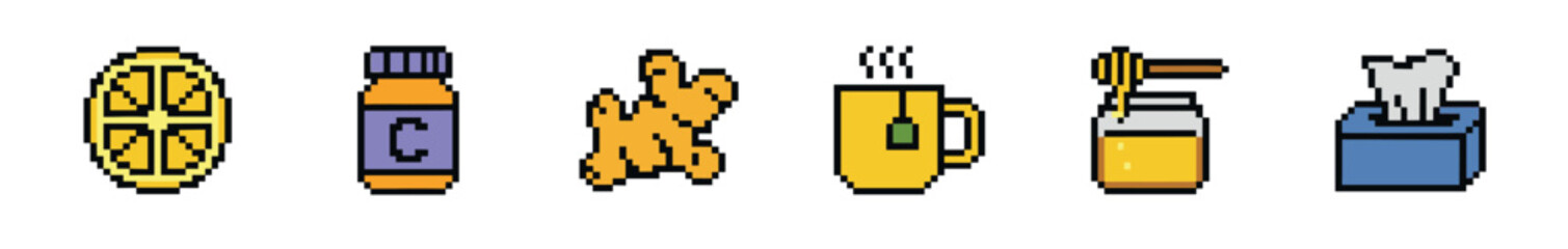 Obraz premium A row of colorful pixel art icons depicting natural cold and flu remedies including a lemon, vitamin C bottle, ginger, hot tea, honey, and tissues