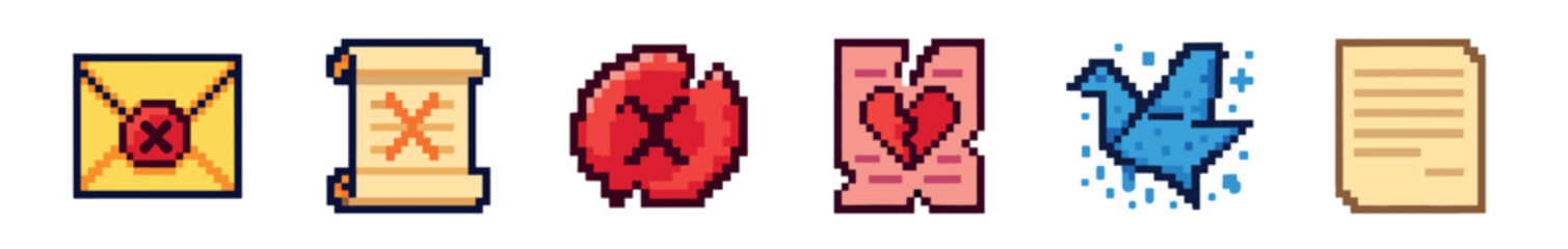Fototapeta premium A vibrant collection of pixel art icons, featuring a rejected letter, an old scroll, a burning flame, a broken heart, a magical blue splash, and a document stack, rendered in a classic 8-bit style