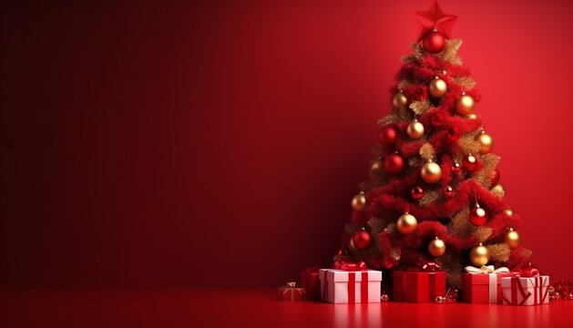 Decorated with ornaments and lights Christmas tree on red background. Merry Christmas and Happy Holidays greeting card, frame, banner. New Year. - Powered by Adobe