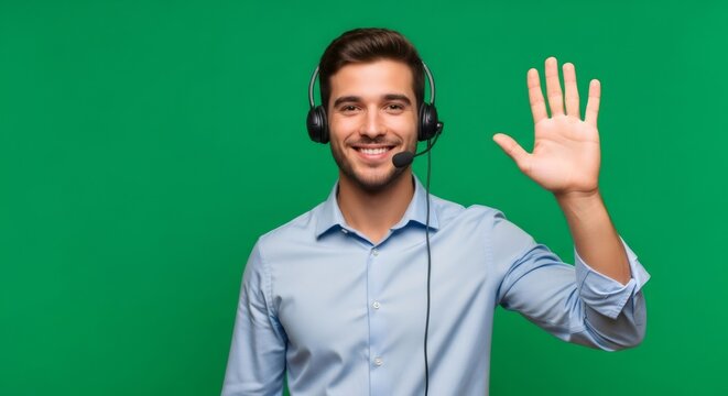 Man call center agent with headset waving hand on greenscreen backdrop. Customer support and helpdesk concept for chromakey effect.
