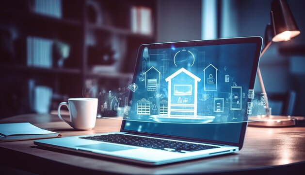 Desktop computer background in office and big town buildings hologram drawing. Double exposure. Smart city concept. - Powered by Adobe