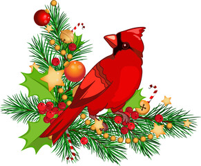 Christmas angle frame with fir branches, candy canes and golden garland, winter plants, pine branches. Christmas arrangement with cardinal bird