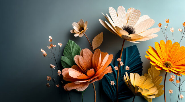 Colorful papercraft flowers and leaves are arranged on a solid teal blue background with copy space.