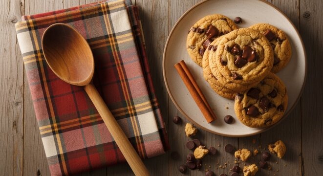 Freshly baked chocolate chip cookies on a plate with a wooden spoon and a red plaid napkin on a rustic table.
