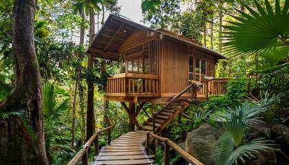 rustic wooden treehouse cabin elevated among lush green forest with stone pathway and tropical plants creating peaceful nature retreat