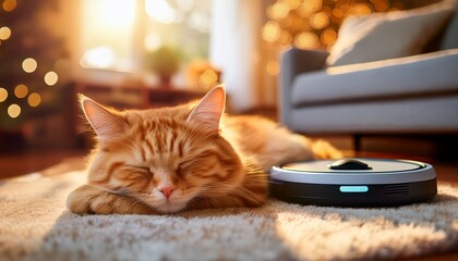 sleeping orange cat on carpet with robotic vacuum cleaner in cozy living room with warm bokeh lights creating calm atmosphere