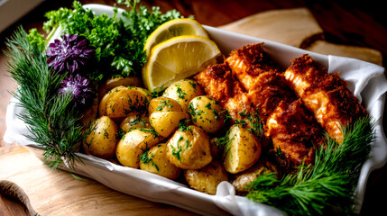 Baked breaded salmon fillets with roasted new potatoes, fresh dill, and lemon slices in a white baking dish.
