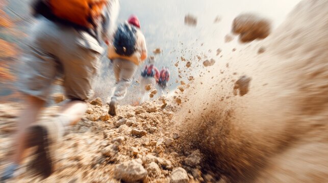 Hikers are running frantically, looking to escape a devastating landslide and rockfall, with motion blur conveying the immediate danger and swift action needed for survival
