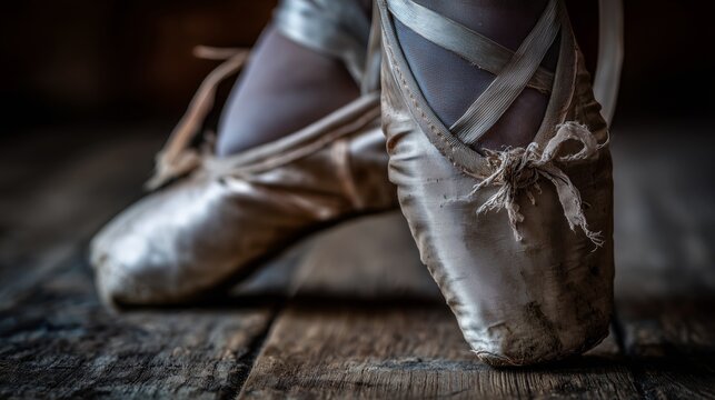 Elegant ballet shoes resting on a wooden floor, showcasing artistry and dedication in dance